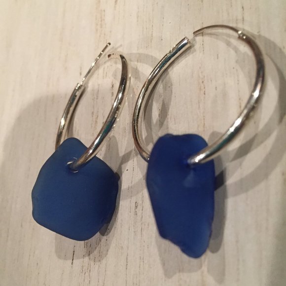 Cobalt Blue Sea Glass Hoop Earrings - Picture 3 of 4